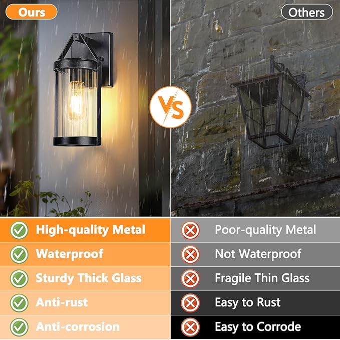 Outdoor Wall Light Fixtures, Waterproof Matte Black Exterior Wall Lantern Sconce Porch Lights, Outside Lighting with Clear Ribbed Glass for House, Garage, Front Door, 2-Pack