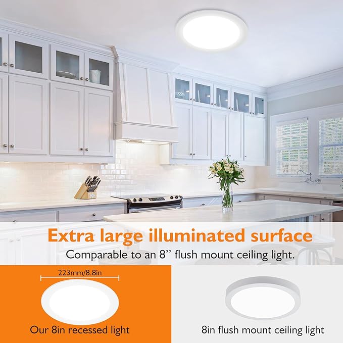 BesLowe 6 Packs 8 Inch 5CCT LED Recessed Ceiling Lights Ultra-Thin with Junction Box, 12W 150W Eqv, 3000K/3500K/4000K/5000K/6500K, 1200LM Dimmable Canless Downlights for Kitchen Hallway Dining Room