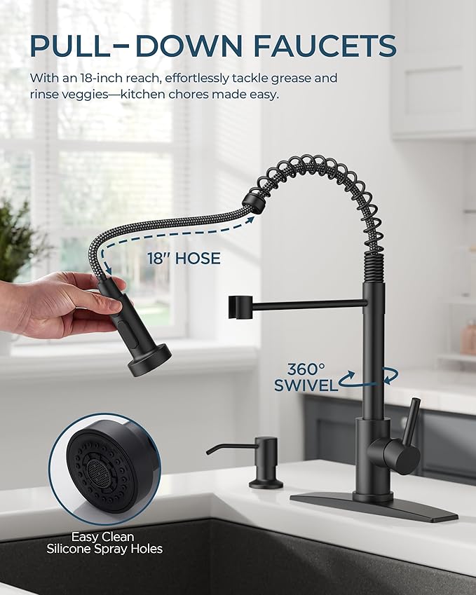 FORIOUS Black Kitchen Faucet with Soap Dispenser, Stainless Steel Single Handle Modern Spring Commercial Sink Faucet with Pull Down Sprayer for Laundry & Utility Room RV Camp Bar Farmhouse
