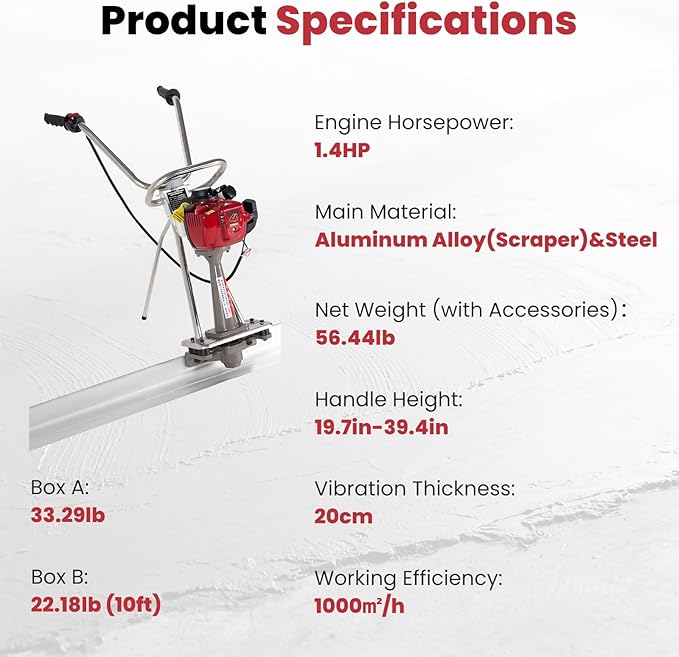 1.4HP Concrete Power Screed with 10ft Aluminum Boards, Vibrating Screed Concrete Tool 8000RPM with Adjustable armrests and brackets for Construction