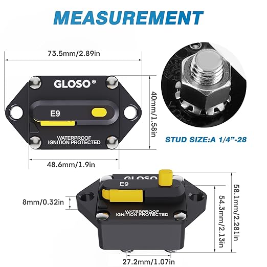 GLOSO Circuit Breaker 120A Marine Panel Mount Automotive RV E9F 90° (1/4" Stud, 120 Amp)