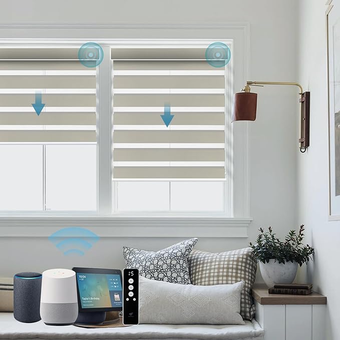 SmartWings Motorized Zebra Shades Work with HomeKit, Alexa, Google Home, 90% Blackout Light Filtering Day Night Sheer Blinds, Privacy Light Control, for Home/Office, Customized, Beige