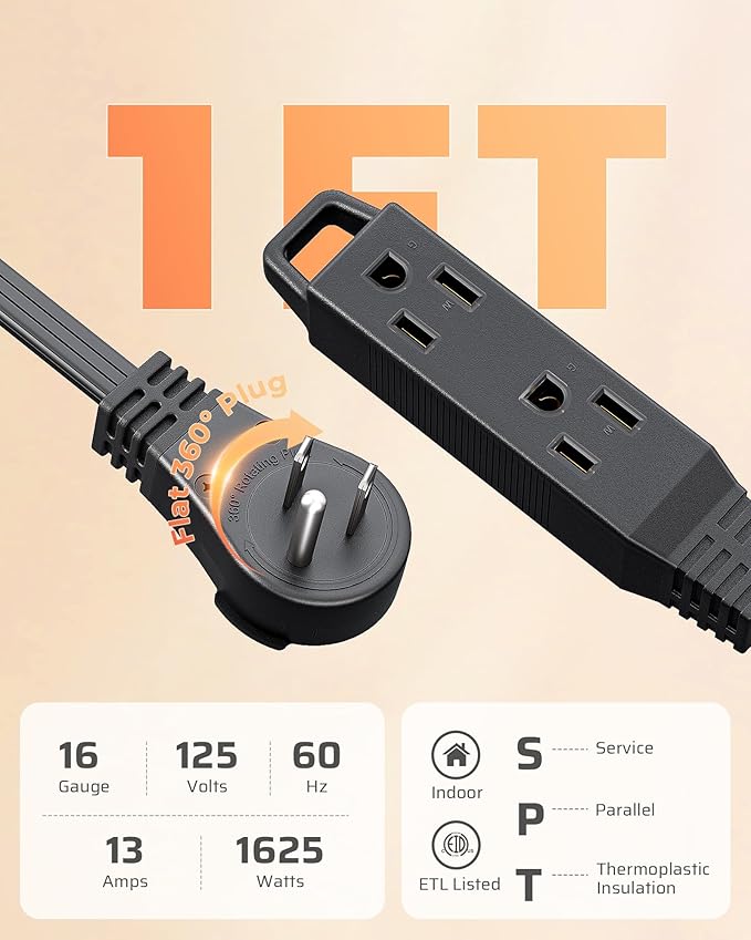 DEWENWILS 1FT 360° Rotating Flat Plug Extension Cord/Wire, 16AWG Multi 3 Outlet Extension Cord, 3 Prong Grounded Wire for Indoor Small Appliances, 2 Pack, ETL Certified, Black