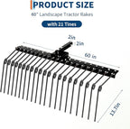 Tow Behind Landscape Rake, 60" Tow Dethatcher with 21 Steel Coil Tines, Lawn Dethatcher Rake Attaches to 48" or 60" Toolbars and 3-Point Suspension Systems, for Leaves, Pine Needles, and Grassn, Black