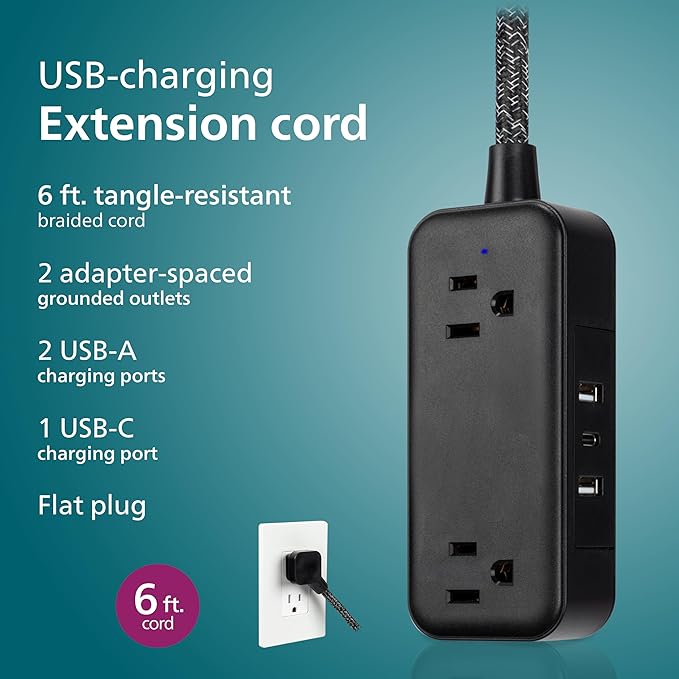 Philips 2-Outlet Extension Cord, 1 USB-C, 2 Type-A Ports, Braided Extension Cord with Multiple Outlets, Flat Plug Power Strip, Power Strip with USB Ports, ETL Listed, Black, SPS3564B/37