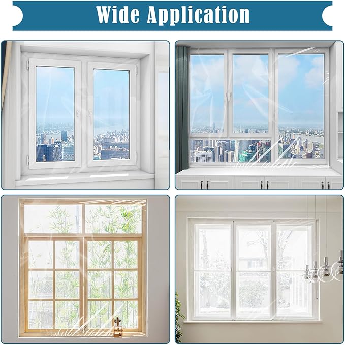 Window Insulation Kit, 87 × 394 Inch Plastic Window Coverings for Winter, Thicken Window Shrink Film Insulator Kit Windows Waterproof Winterizing with 4 Double-Sided Tape for 3 Pcs 7 x 9 Ft Windows