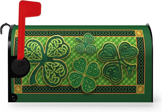 St. Patrick's Day Mailbox Cover - Magnetic, Standard Size, Green Shamrocks & Four Leaf Clover, Waterproof, 21x18 Inch