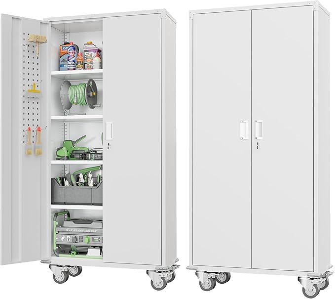 Greenvelly White Metal Storage Cabinet with Wheels and Pegboard, 72" Steel Garage rolling Cabinet with Doors and 4 Shelves, Tall Locking Cabinets Tool Lockable Storage Cabinets for Garage, Home Office