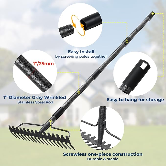 Garden Rake, 17" Extra Wide Double-Sided Head, 63" Heavy Duty Lightweight Stainless Steel Leaf Rake for Leveling Lawn, Loosening Soil, Leaf Cleanup, Soil Prep, Landscaping, Spread Mulch Fast