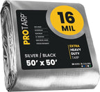 PROTARP Extra Heavy Duty 16 Mil Tarp Cover, Waterproof, UV Resistant, Rip and Tear Proof, Poly Tarpaulin with Reinforced Edges for Roof, Camping, Patio, Pool, Boat. (Silver/Black 50′ X 50′)