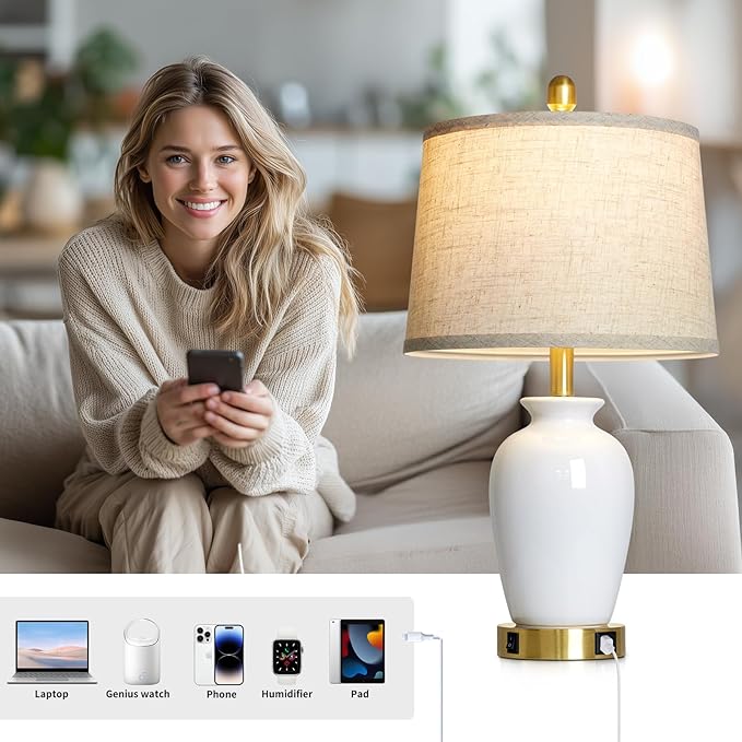 23" Set of 2 White Ceramic Table Lamp with Ginger Jar Design, Bedside USB Lamps for Living Room,Dining Room,Bedroom,Office,Nightstand,End Table