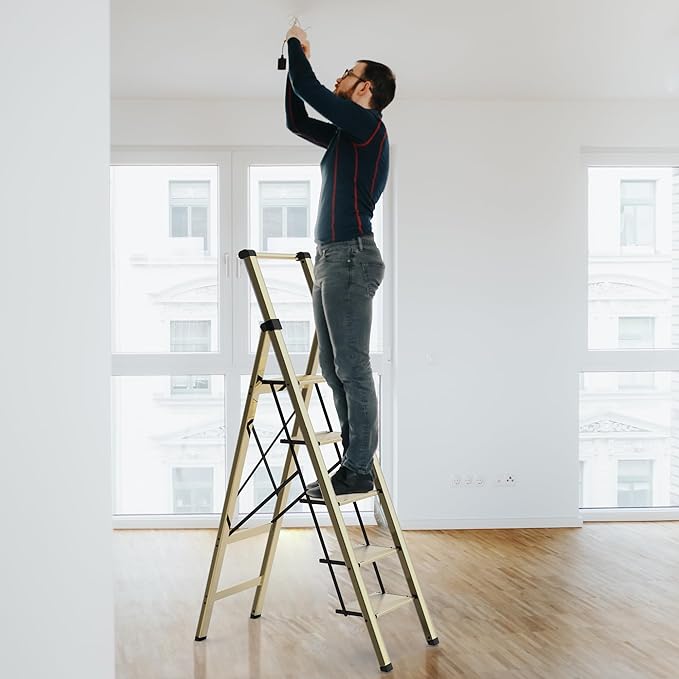 5 Step Ladder Adult Portable Folding Step Stool, Folding Aluminum Step Ladder with Double Padded Treads, Step Ladder with Handle for Home, Kitchen, Outdoor, 330 lb - Champagne Gold