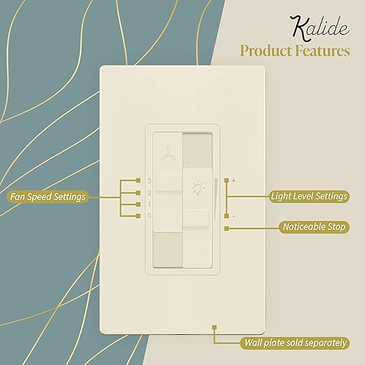 TOPGREENER Kalide Combo Dimmer Switch with 3-Speed Fan Control, Light and Fan Combination Switch, Single Pole, 2.5A, 200W LED/CFL, Neutral Wire Not Required, TGDSFS3-LA, Light Almond