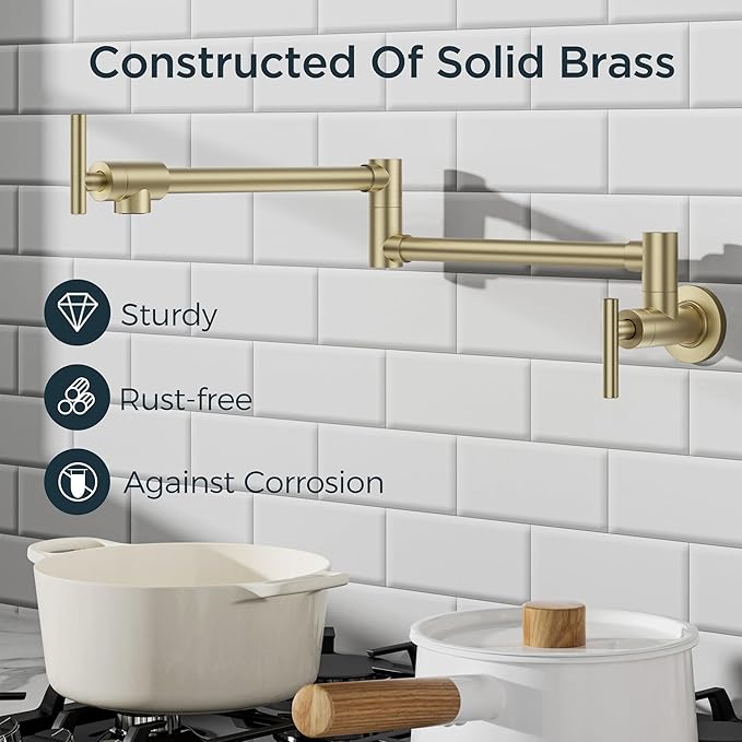 FORIOUS Gold Pot Filler Faucet Over Stove, Solid Brass Modern Wall Mount Commercial Folding Faucet with Stretchable Double Joint Swing Arms for Kitchen Restaurant