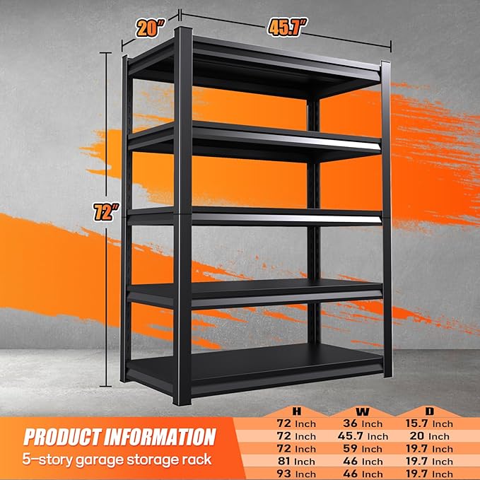 72 ”H Garage Shelving Heavy Duty, Garage Storage Shelves 3000LBS Industrial Shelving Unit, Adjustable Metal Shelving, Steel Garag Organizer, Rack Shelf for Basement, 72 ”H×46”W×20”D