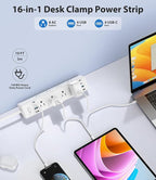40W Fast Charging Station,Desk Clamp Power Strip 20W USB C,8 Outlets,8 USB Ports,4 USB C and 4 USB A, Office Furniture Surge Protector, 14AWG Cord, Fits 1.9" Tabletop Edge (White, 10FT Length)