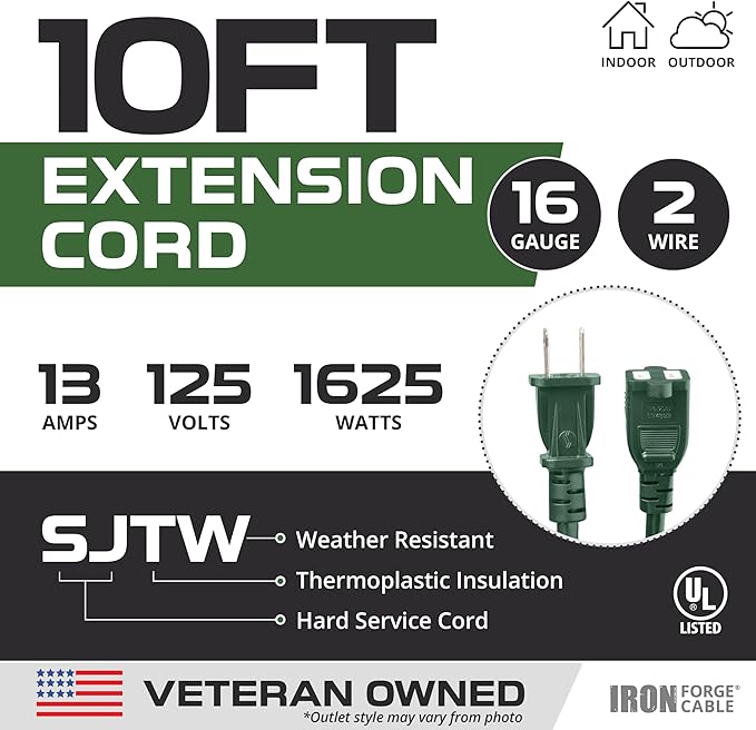 Iron Forge Cable 2 Prong Outdoor Extension Cord 10 ft - 16 Gauge 13 Amp Heavy Duty Power Extension Cords - SJTW - Great for Landscaping, Lawn, Outdoor Lights - Green