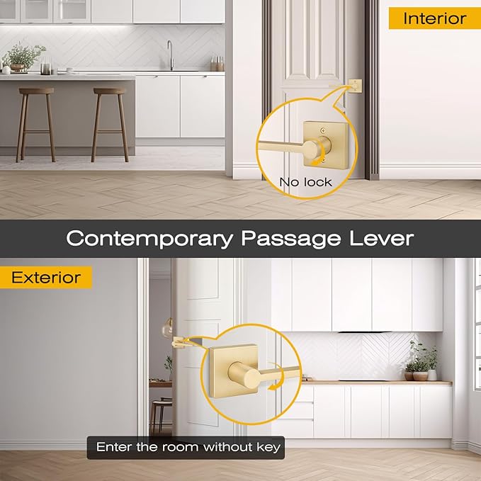EHOMEWARE 3 Pack Passage Door Handles, Satin Brass Door Knobs Interior, Hallway Closet Door Levers Keyless Gold Door Handle, Heavy Duty Suqare Door Handle Set for Left or Right Handed Doors
