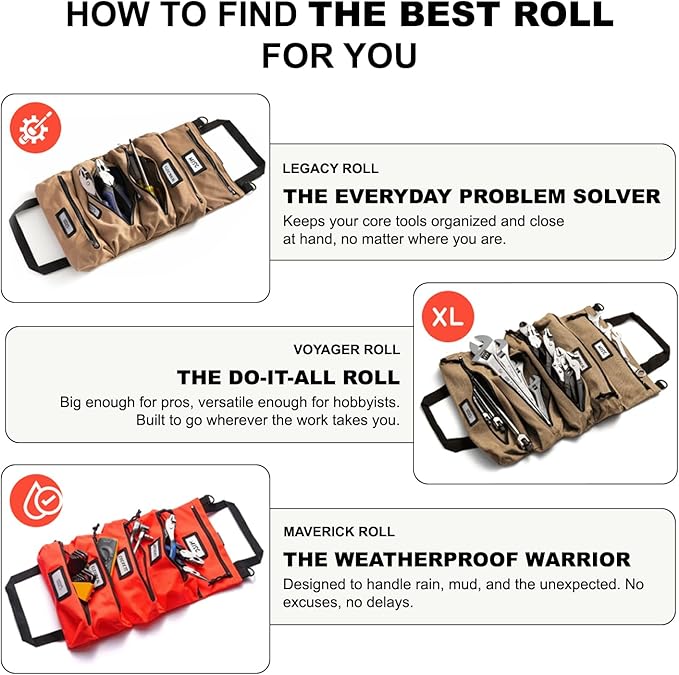 Official Maverick Tool Roll Bag - Easy to Carry 5-Pocket Roll Up Tool Bag - Durable Waterproof Canvas, YKK Zippers & Secure Buckle - A Loving Gift for Dads, Mechanics, Electricians & Hobbyists| Black