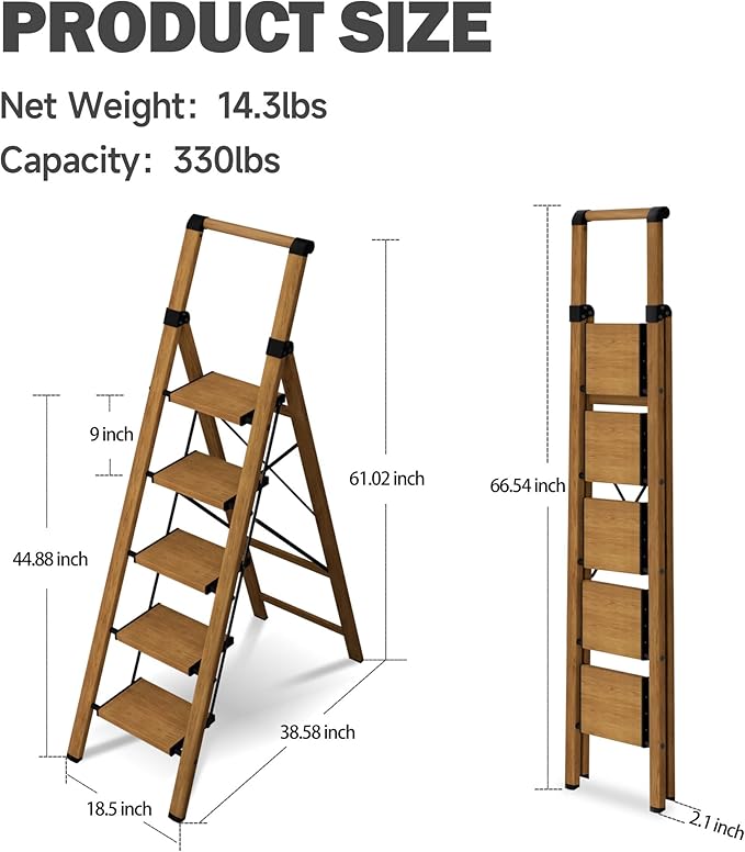 5 Step Step Ladder,Lightweight Folding Step Stool with Anti-Slip Aluminum Wide Pedal&Convenient Handgrip,Steel Ladder for Household and Office(Woodgrain)
