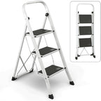 Lifetime Home 3-Step Ladder with Wide Anti-Slip Platform & Thick Rubber Feet - Lightweight Heavy Duty Foldable & Portable - 330 lbs Capacity, Steel Frame, Rubber Handgrip, Folding Step Stool - White