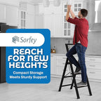 Step Ladder 3 Step Folding, Decorative - Beautiful Gray Wood & Black Aluminum, Ultra Slim Profile, Anti Slip Steps, Sturdy-Portable for Home, Office, Kitchen, Photography Use,by SORFEY
