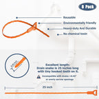 8 Pack 25inch Drain Snake Clog Remover, Drain Hair Remover, Sink Snake Drain Auger Cleaner Tool For Bath Tub, Toilet, Kitchen Sink, Sewer