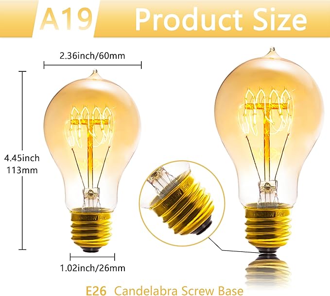 A19 Edison Light Bulb,E26 Incandescent Light Bulbs 60W Antique Vintage Bulb,2200K Dimmable Warm White 280 Lumens Amber Retro Decorative Old Fashioned Incandescent Bulb,Squirrel Cage 6 Pack