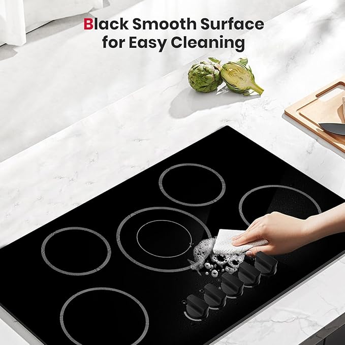 GASLAND Electric Cooktop 36 Inch, 8200W Drop-in Radiant Glass Stove Top CH90BS with 5 Burners, 220-240V Ceramic Electric Stovetop, 7 Power Levels, Mechanical Knob Control, Hot Warning, Hard Wire