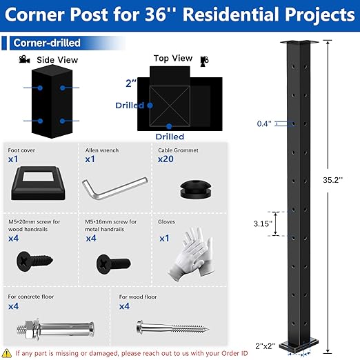 36" T304 L-drilled Cable Railing Corner Post(Post 35"x2"x2"), Wire Railing Post with Cable Grommets, Fixed Top Mount Stainless Steel Black Finish Deck Staircase Post
