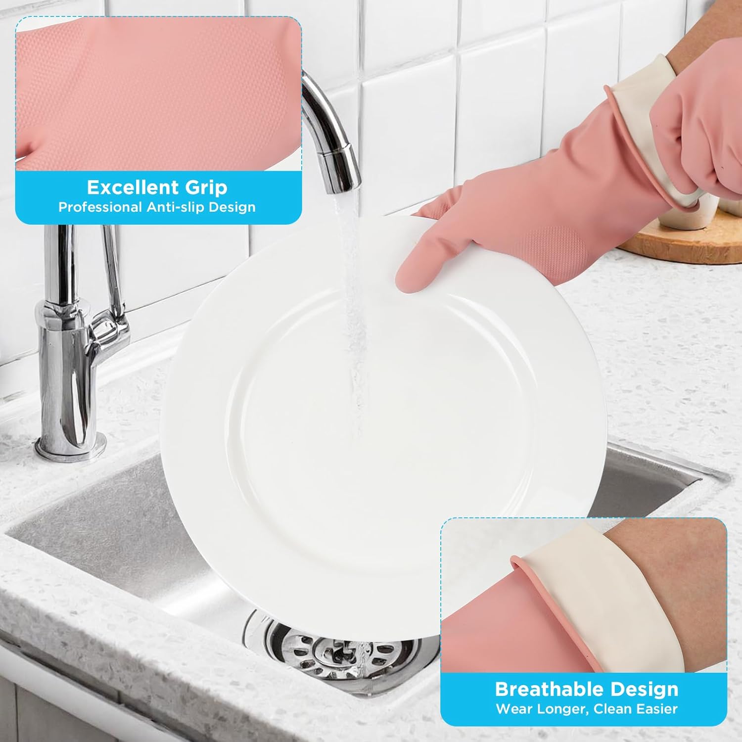 2 Pairs Household Gloves for Cleaning Rubber Dishwashing Gloves Reusable No-slip Water Resistant Medium for Women and Men（Pink+Grey）
