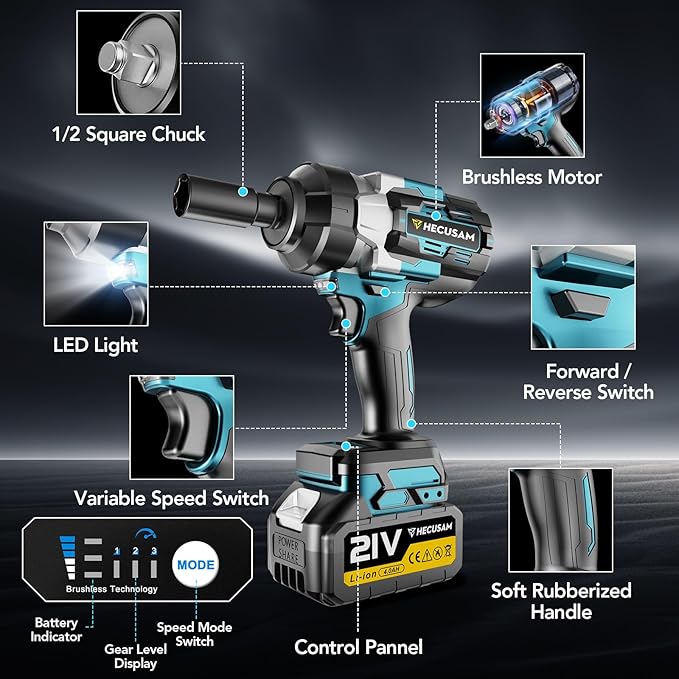 1/2" Cordless Impact Wrench, 1500N.m (1106Ft-lbs) Brushless Impact Gun, 2x4.0Ah Batteries, Max 4200RPM with Reverse Auto-Stop & LED Light for Car Truck Lug Nuts, Auto Repair, Industrial & DIY