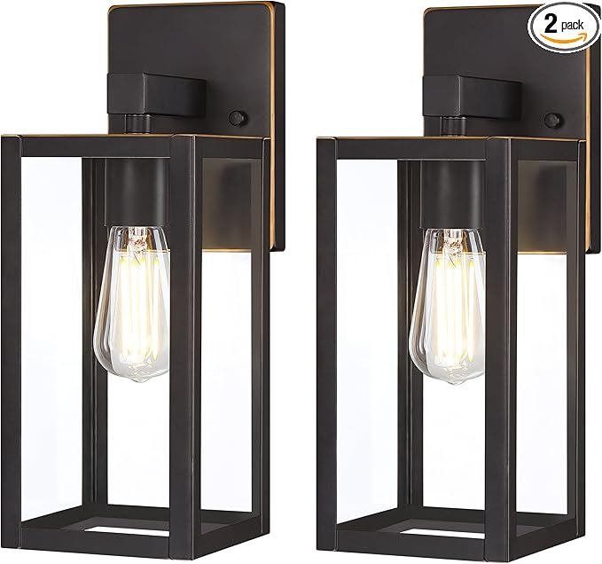 GRUENLICH Waterproof Large Outdoor Wall Lanterns, Modern Porch Sconces with Clear Glass Shade, E26 Socket Max 60W, IP65, Metal Frame, for Patio, Front Door, Entryway, Oil Rubbed Bronze Finish, 2-Pack
