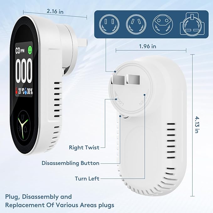 2 Packs, 3 in 1 CO Detectors, CO &Temp &Hum, Plug in Wall, with HD Screen,3 Color Indicator Visual, 4 Color Alert lcons,Brightness Adjustment,Carbon Monoxide Detectors,for Travel,CO Alarm