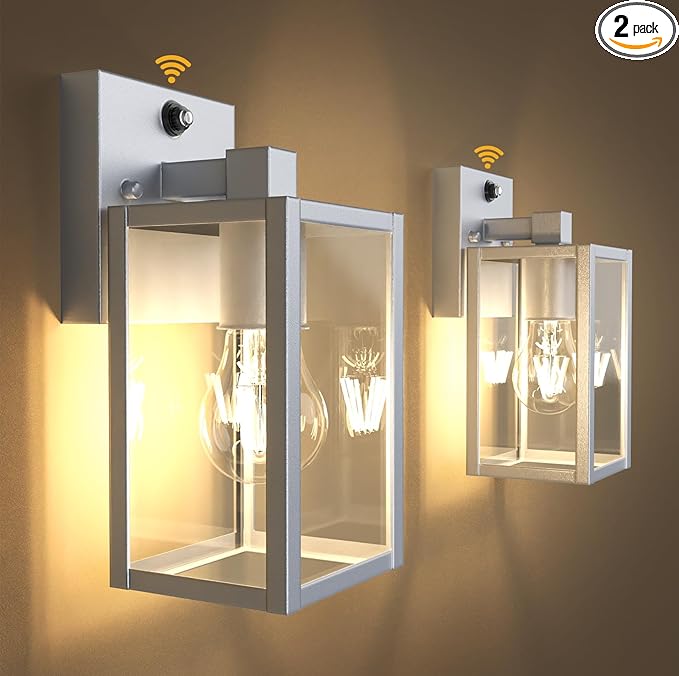 PARTPHONER Dusk to Dawn Outdoor Light Fixtures, 2-Pack Sensor Porch Lights, Waterproof Exterior Wall Sconce Lighting Lamp, Waterproof Wall Lantern for House, Doorway, Garage (Silver)