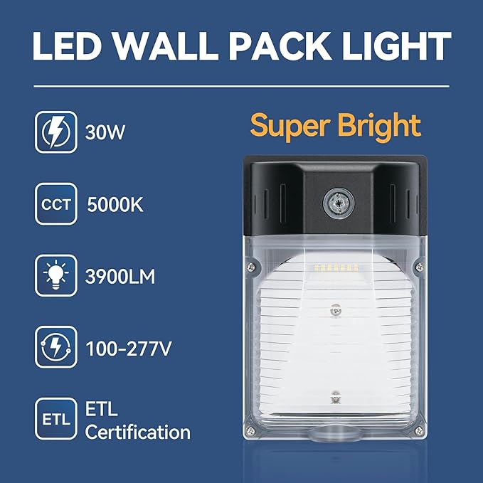 30W LED Wall Pack Light with Dusk to Dawn Photocell 4Pack, 3900LM 5000K Daylight, LED Wall Lights Outdoor Security Lighting for House Garage Yard Garden, IP65 Waterproof, 100-277VAC, ETL Listed