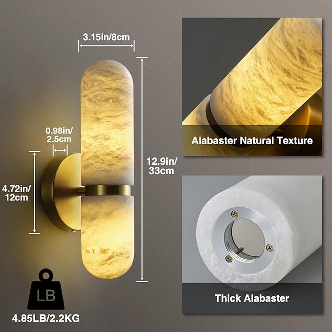 Alabaster Wall Sconces Set of Two, 13in Brass Alabaster Sconce, Modern Spanish Natural Marble Sconces Lights, Gold Sconces for Bathroom Vanity Bedroom Living Room Staircases Hallway