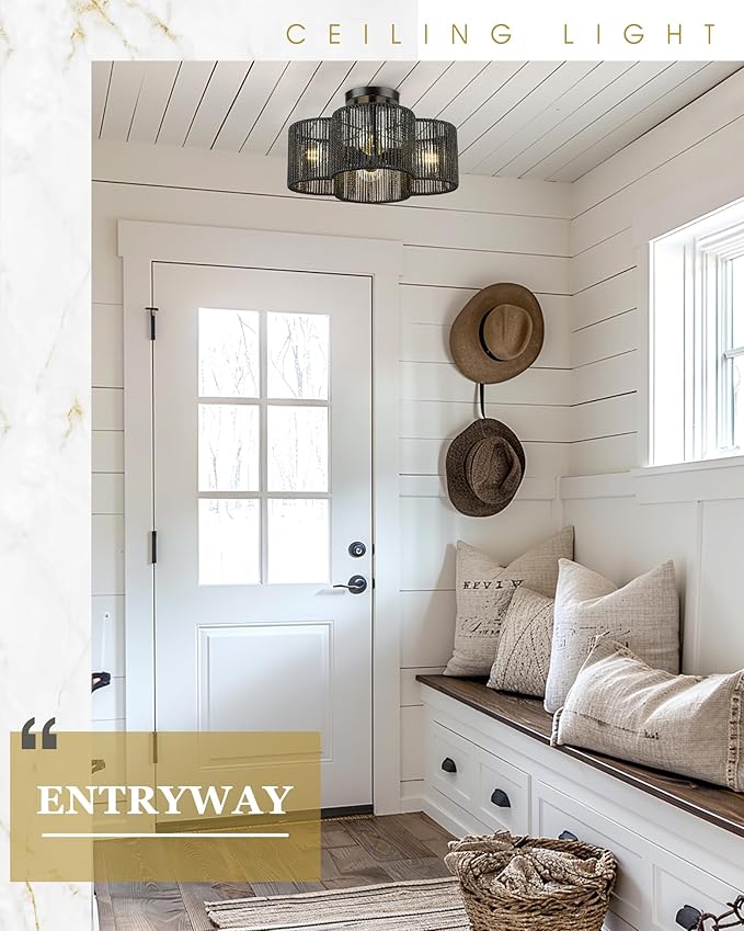 Rattan Light Fixtures Ceiling Mount, 4-Light 14" Boho Semi Flush Mount Ceiling Light with Hand-Woven Shade in Quatrefoil Shape for Kitchen Nursery Bedroom Hallway, Black, AD-22007-4SF-RA-BK