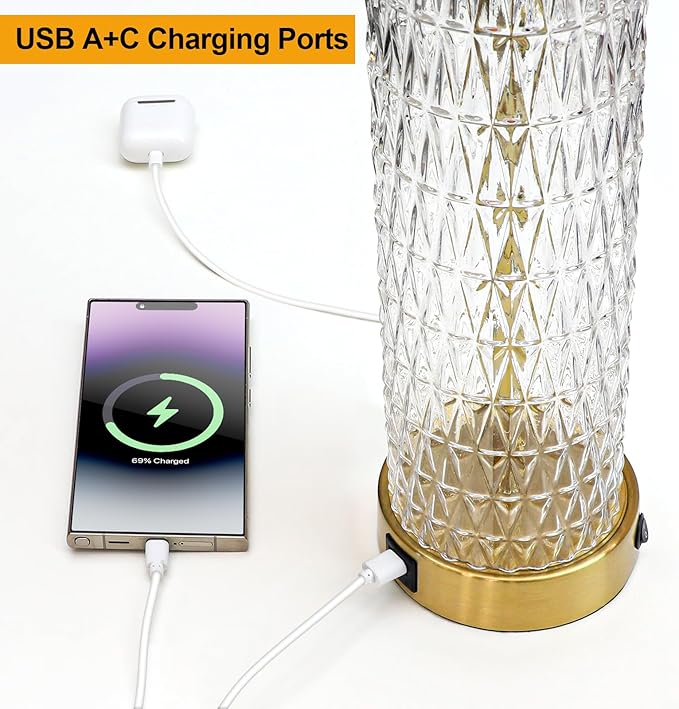 Oneach 27.75" Modern Table Lamps Set of 2, Gold Bedside Lamp with Crystal Nightlight, USB A+C, Black Grid Shade, Unique Desk Lamps for Living Room, Bedroom, Nightstand, End Table (2 Bulbs Included)