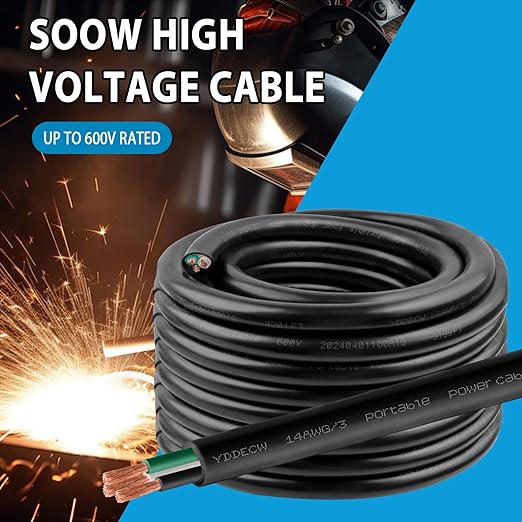 200ft 14/3 14 AWG Portable Power Cable (3 Conductor) - SOOW 600V 14 Gauge Electric Wire for Motor Leads, Portable Lights, Battery Chargers and Machinery - 3 Conductor - 200 Feet Electrical Cord