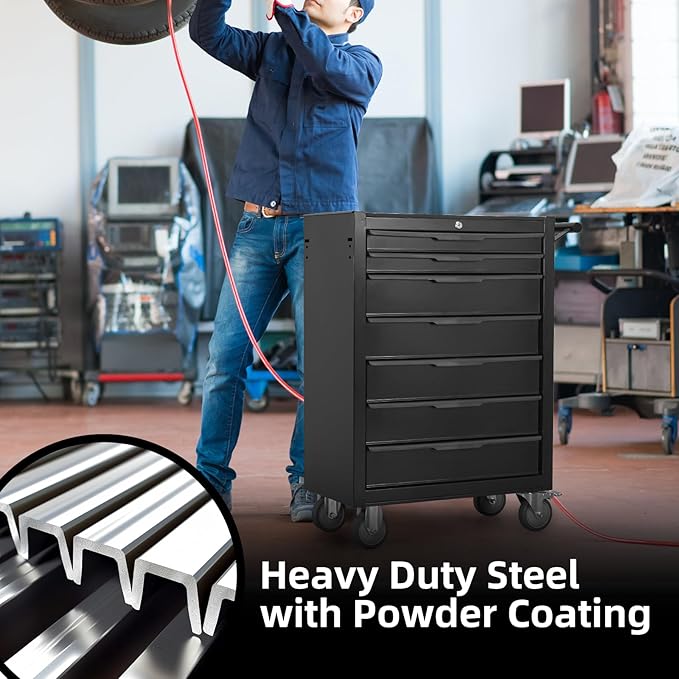 7-Drawer Rolling Tool Chest w/Drawers & Lock, Tool Storage Cabinet with Lockable Wheels, Top Cushion & Drawer Liners, Tool Organizer Box for Garage, Warehouse & Repair Sho