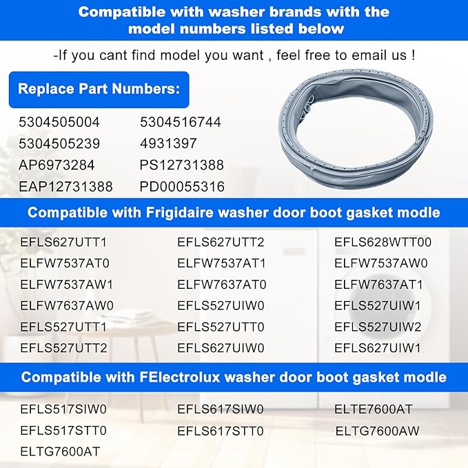 Upgraded 5304505004 Compatible with Electrolux Washer Door Boot Seal EFLS517SIW0 EFLS617SIW0 EFLS617STT0 EFLS627UTT1 ELFW7637AW1 EFLS527UIW1 for Frigidaire Washer Door Gasket 5304516744 5304505239