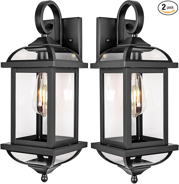 18” 2-Pack Black Porch Lights Outdoor Light Fixtures, Anti-Rust Aluminum Exterior Light Fixtures with Clear Glass Wall Mount Lanterns Outside Lights for House, IP65 Waterproof Wall Lights