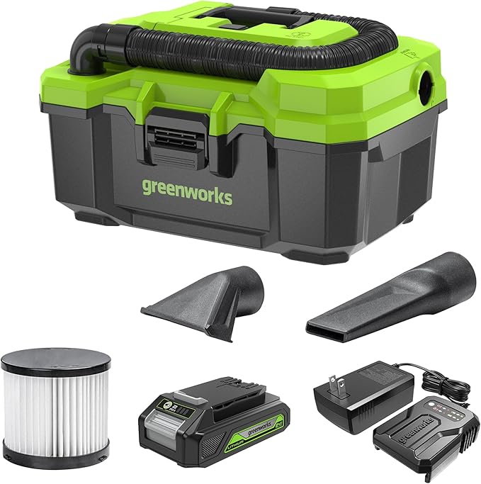 Greenworks 24V (3 Gallon) Cordless Wet/Dry Shop Vacuum + Accessories, Including 2.0Ah Battery and Charger