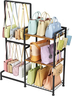 Purse Storage Organizer for Women, 3-Tier Max Purse Storage Stand Rack Holder & Bag Shelf for Closet,12 Fixed Hooks& 3 Side Hooks,Keeping Purses Visible,Purse Display & Bag Organizer for Various Bags