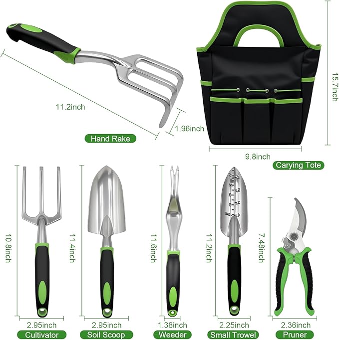 8 Piece Garden Tools, Green Anti-Slip Heavy Duty Gardening Hand Tools. Suitable for Gardeners, Potted Indoor use of Small Garden Tools to Organize with a Handbag