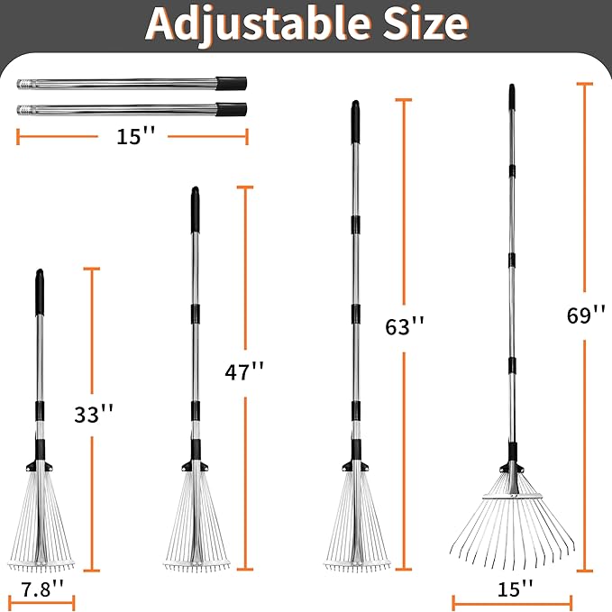 Garden Rake for Leaves – Heavy Duty Metal Leaf Rake for Lawns with Adjustable Handle (33"-69") & Expandable Head (8"-15") – Durable for Lawn, Shrub, Garden Beds – Essential Gardening Tools