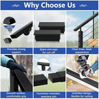 2Pack 8FT T304 Stainless Steel Handrails Black with Extension Connectors End Cap Kits for Cable Railing System Posts Kit, Cuttable Rectangular Handrails Flat Top Rail (Flexible DIY)