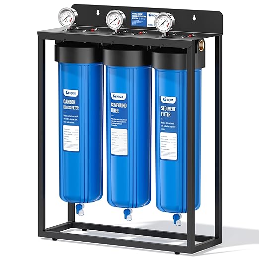 HQUA WF3-02 3-Stage Free-Standing Whole House Water Filtration System, Reduces Heavy Metals (Lead, Mercury, Copper, Nickel, Chromium), Chloramine, Sediment, Odor, and VOC’s