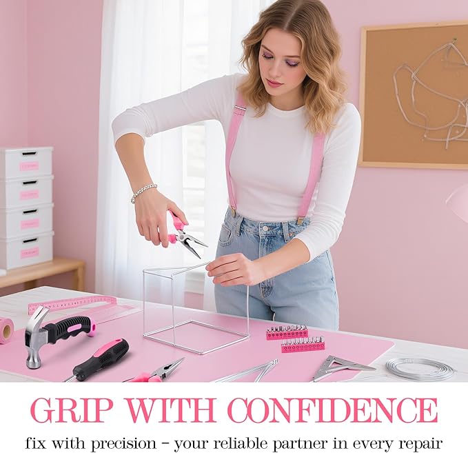 Tool Set, Mini Tool Kit, 49-Piece Household Pink Small Basic Home, Tool Set with Plastic Toolbox Tool Kit for Dorm, Great for Women,College Students, Household Use & More